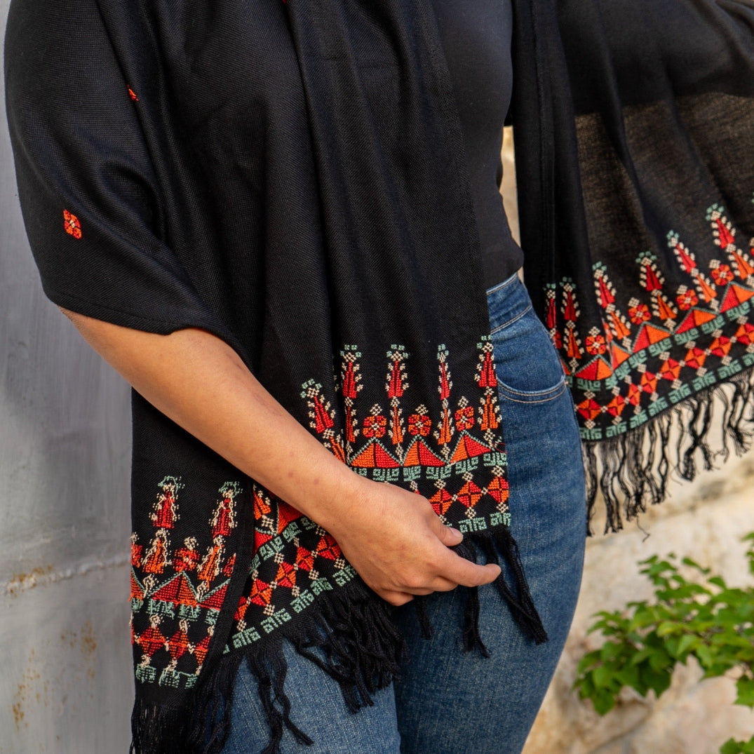 Tatreez Shawl Hand Embroidered in Palestine | Orange on Black