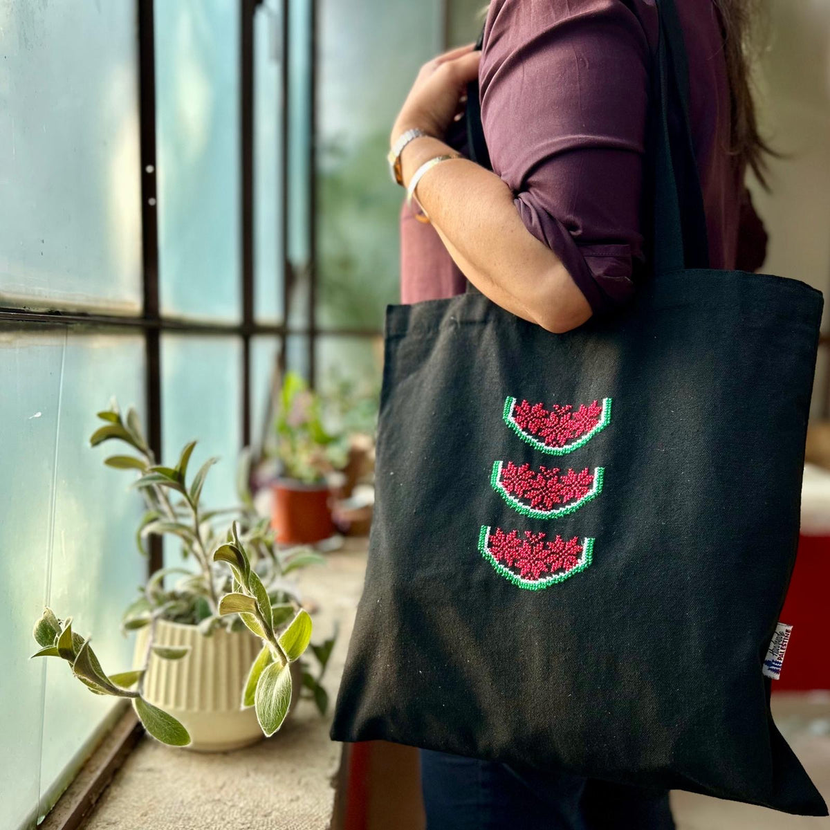 Watermelon Tatreez on Black Tote Hand Stitched by Women Artisans in Palestine