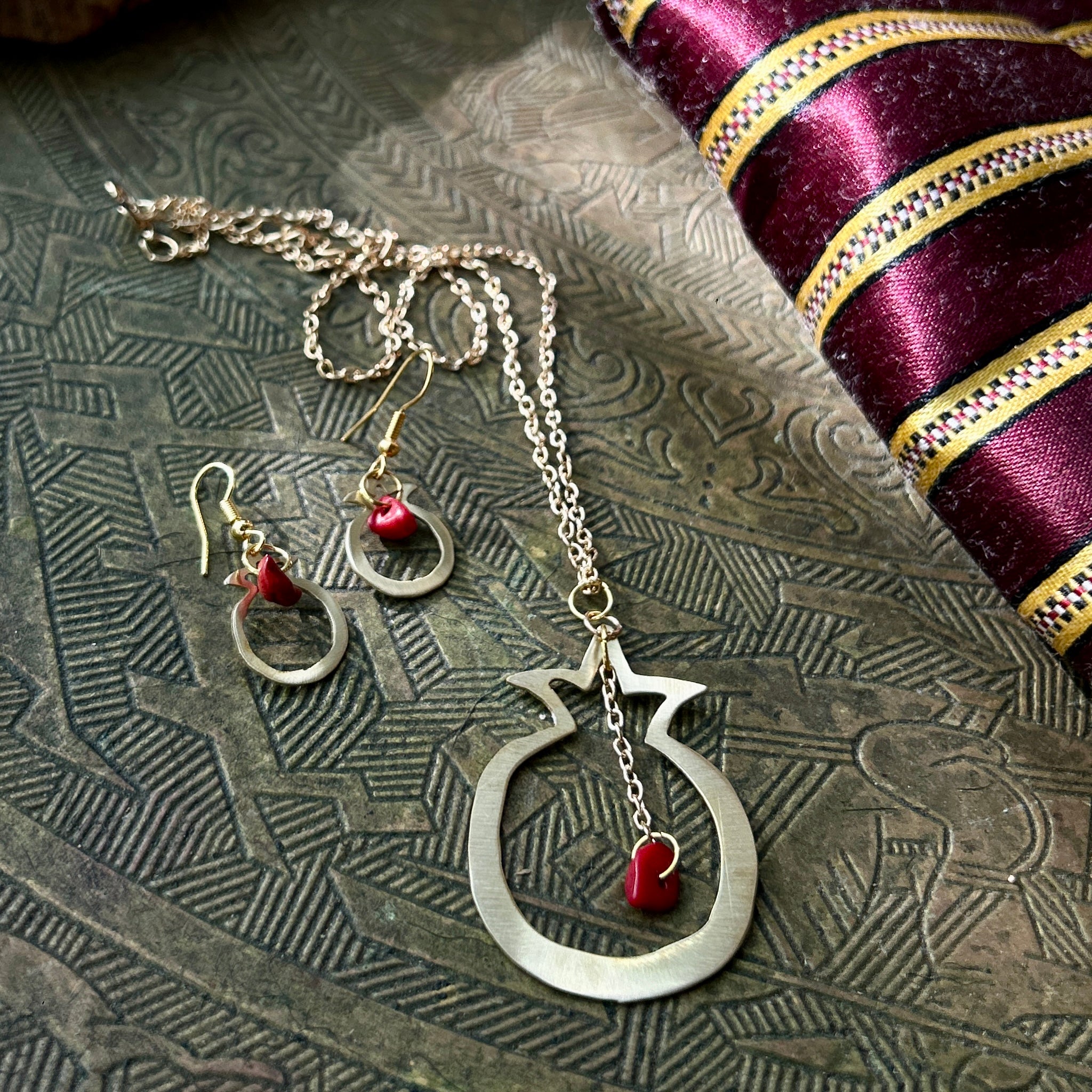 Brass Pomegranate Necklace with Earrings Set | Handmade Jewelry from Palestine