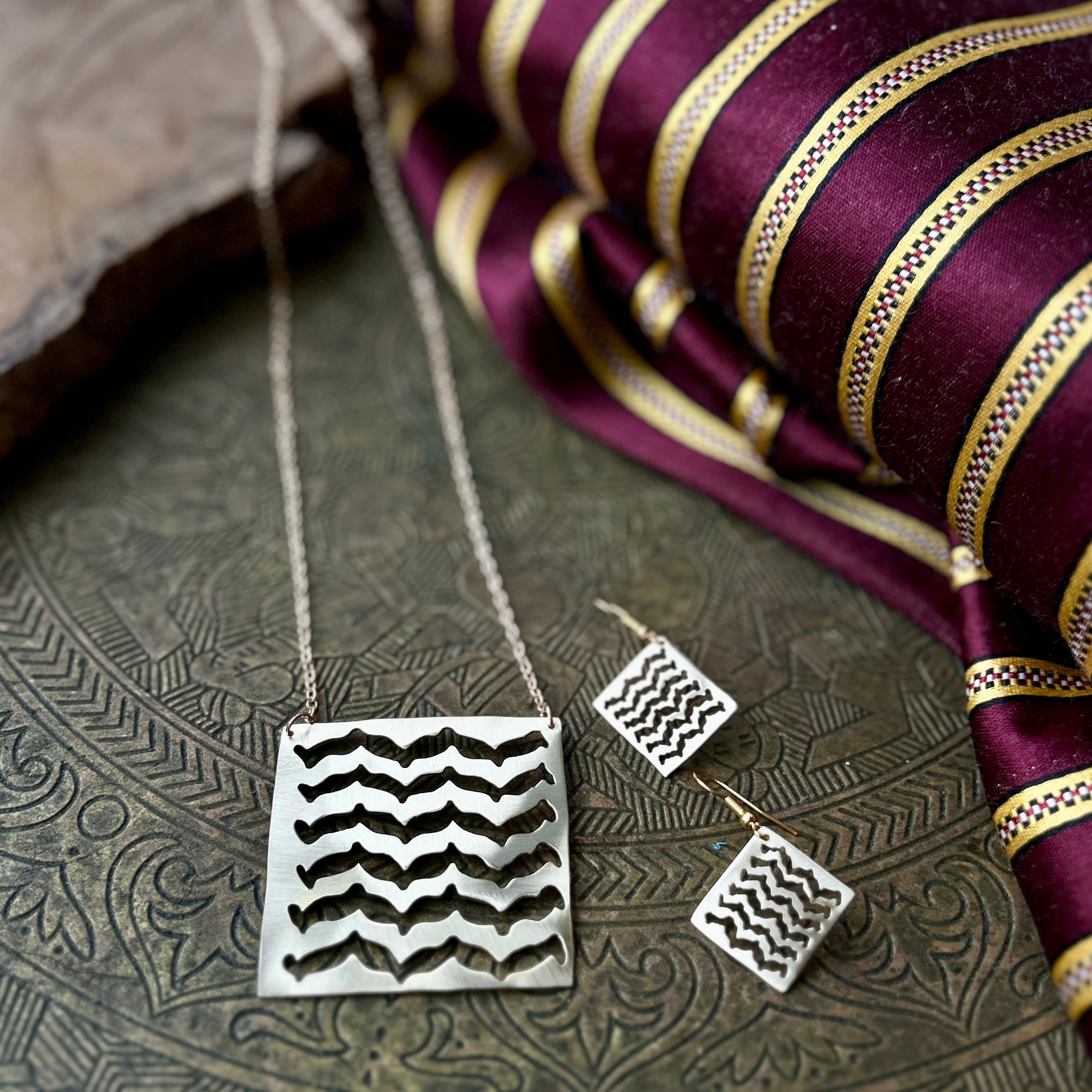 Traditional Keffiyeh Brass Necklace and Earrings Bundle Set | Handmade Jewelry from Palestine