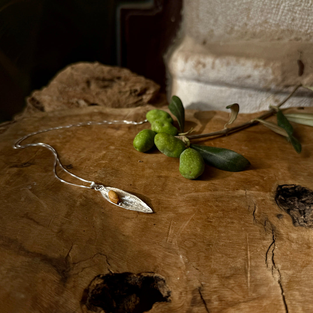 Holy Land Necklace: Olive Leaf with Olive Wood Bead | Handcrafted in Bethlehem