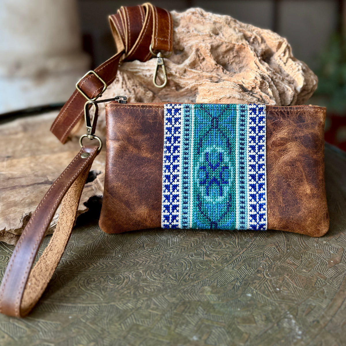 Leather with Hand Crafted Palestinian Tatreez | 3 in 1 Travel Fanny Pack - Clutch