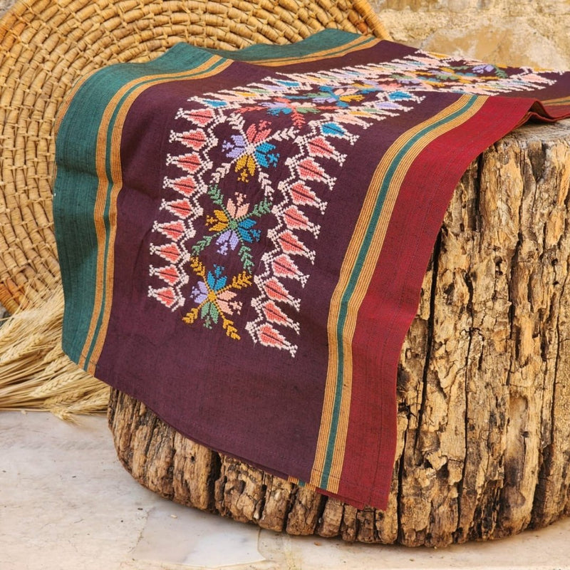 Palestinian Table Runner on Traditional Majdalawi Fabric with Palestinian Hand Embroidery