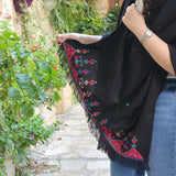 Traditional Palestinian Tatreez on Black Rectangle Shawl |Tatreez Shawl | Hand Embroidered in Palestine