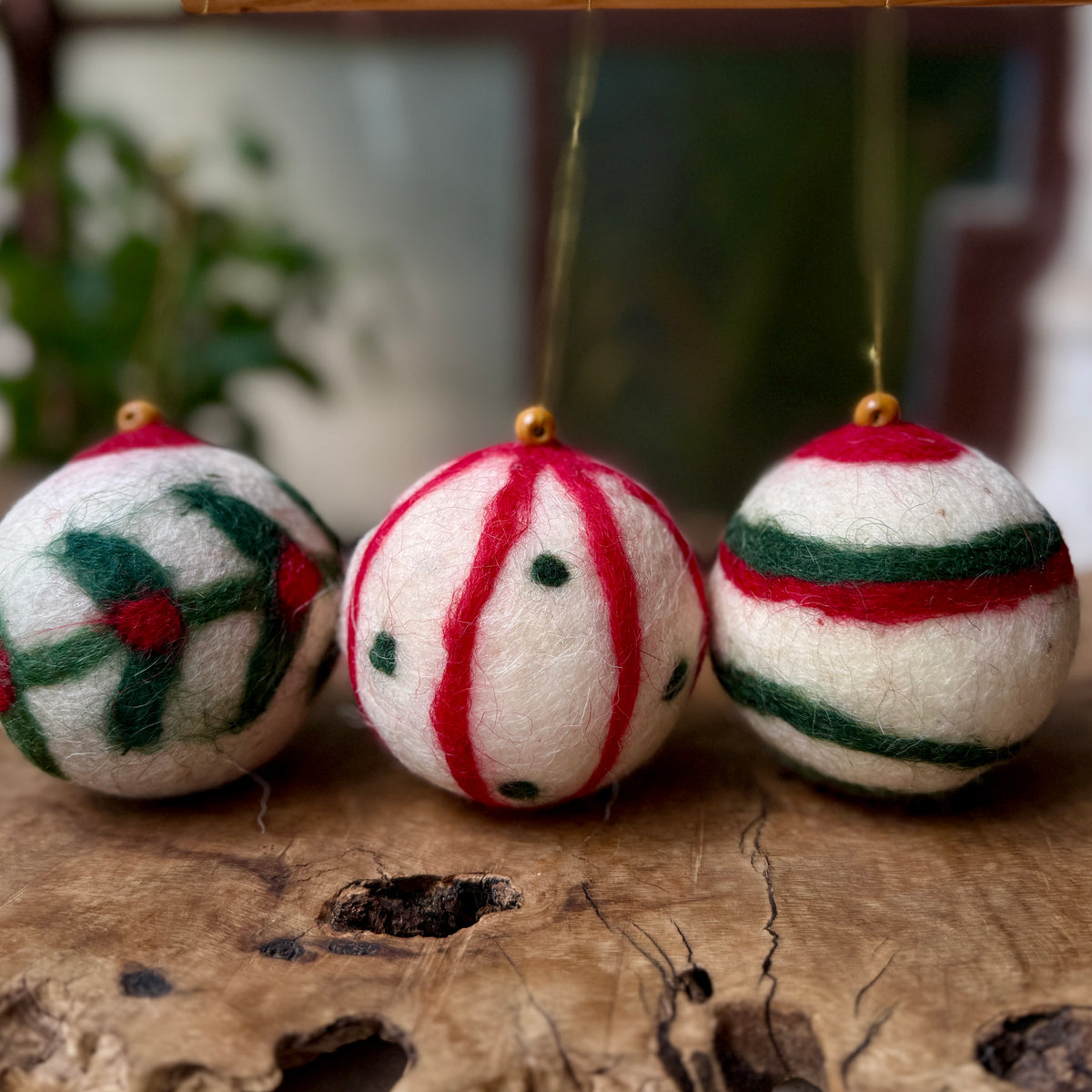 Hand Crafted Felted Wool Christmas Balls | Set of 3 Baubles | Ornaments Handcrafted from Bethlehem
