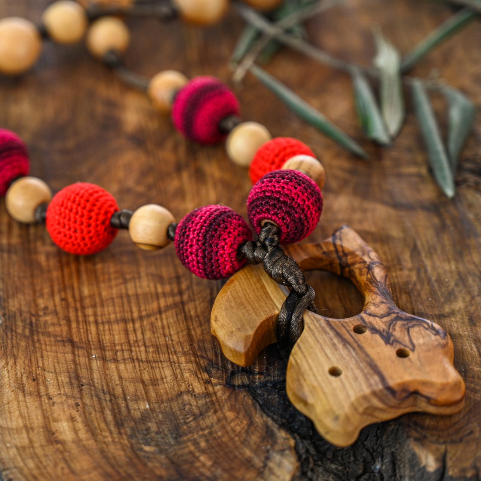 Wooden Nursing Necklace with Crocheted Beads | Fox in Red