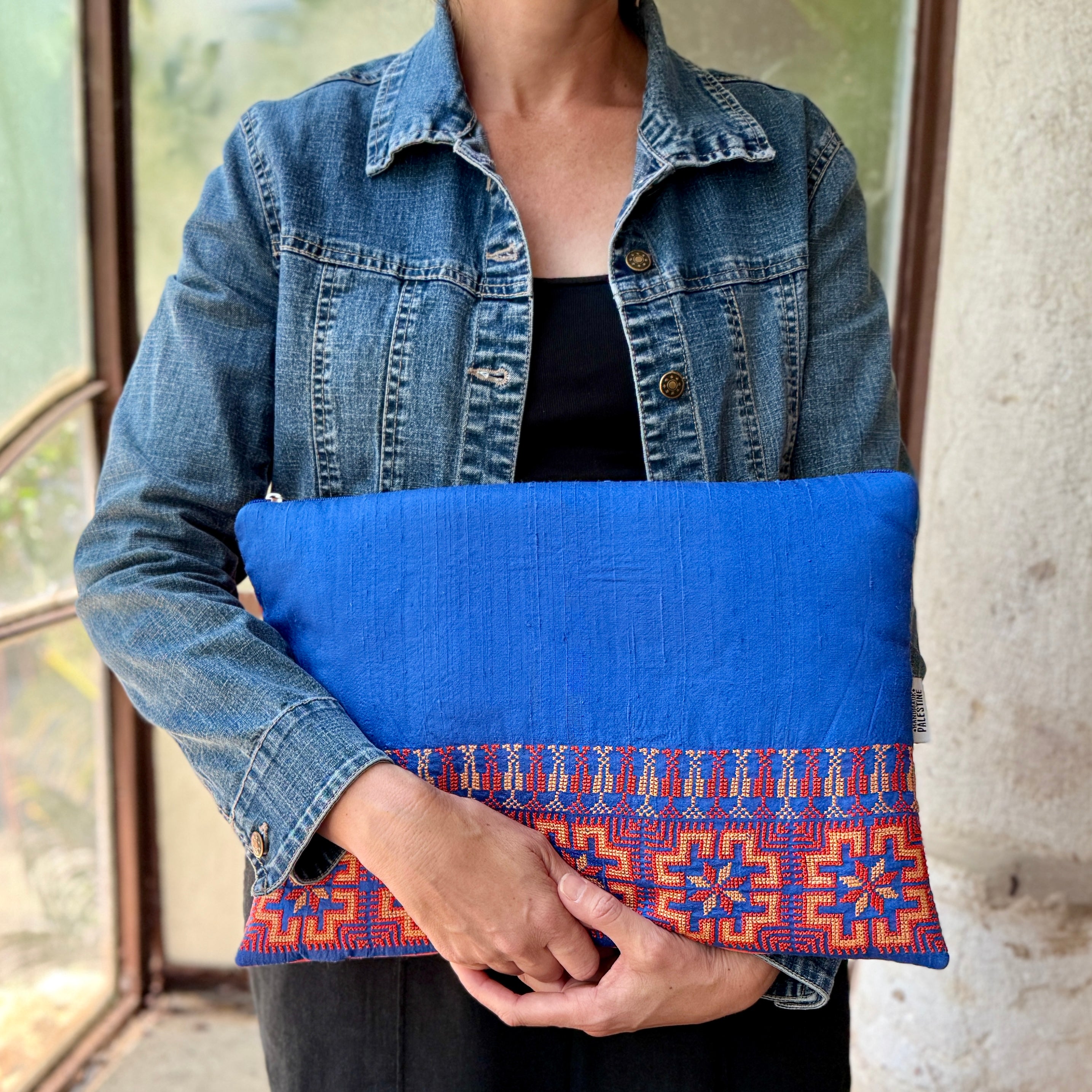 Traditional Tatreez Orange and Blue Laptop Sleeve | Hand Crafted Computer Case from Palestine