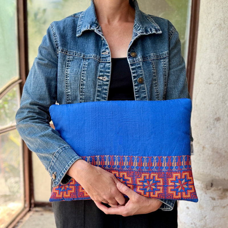 Traditional Tatreez Orange and Blue Laptop Sleeve | Hand Crafted Computer Case from Palestine