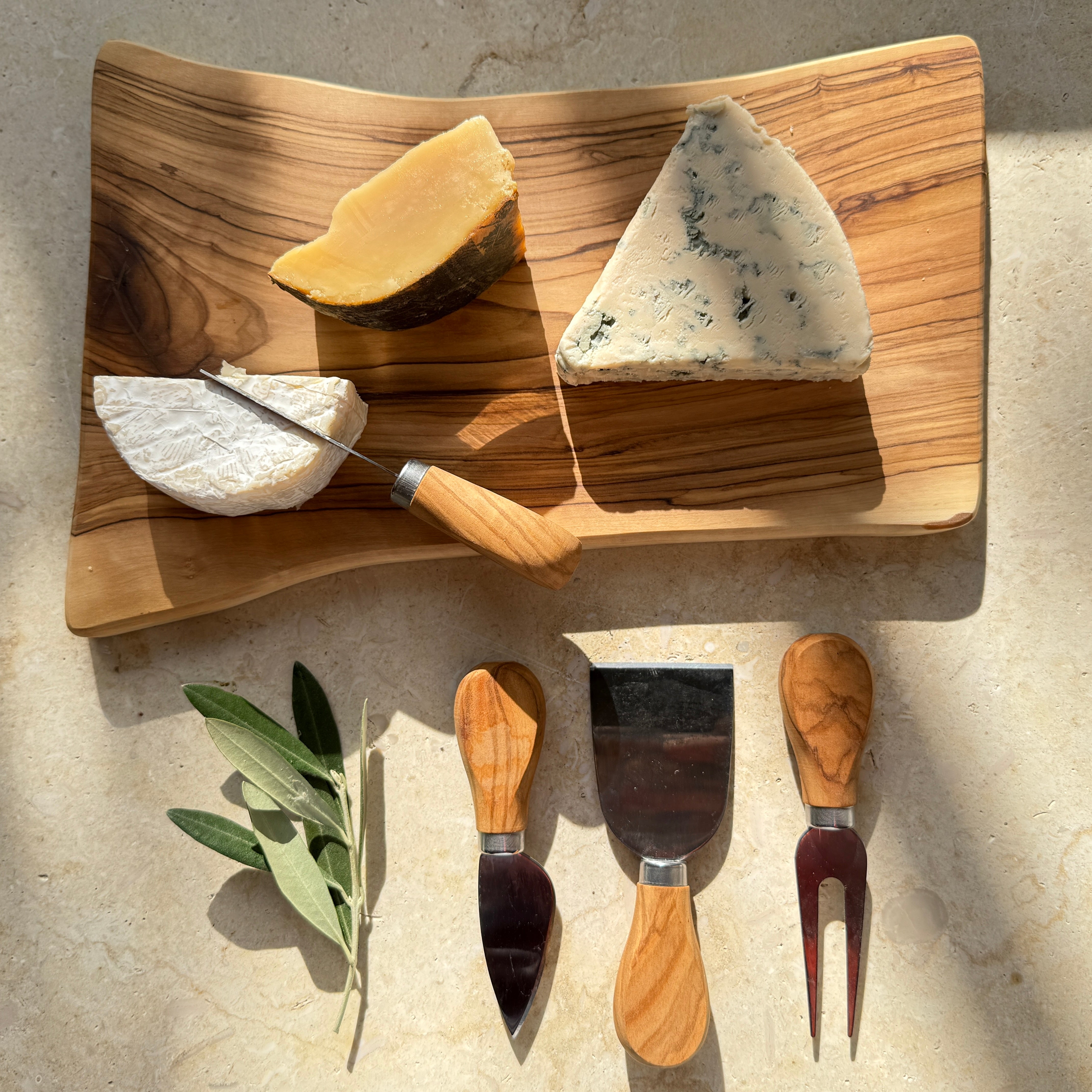Gift Bundle: Unique Olive Wood Cheese Board with Hand Carved Olive Wood Cheese Knives Set