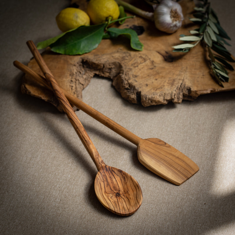 Olive Wood Spatula and Spoon Set on Skinny Handle | Hand Carved from Bethlehem