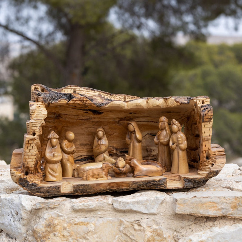 One of a Kind Large Natural Olive Tree Trunk Nativity with Wooden Figures