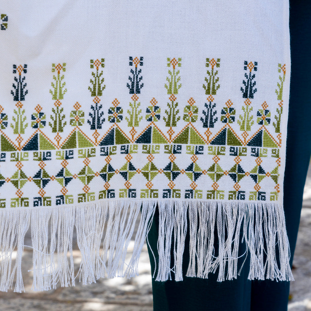 Tatreez Shawl Hand Embroidered in Palestine | Greens on Beige