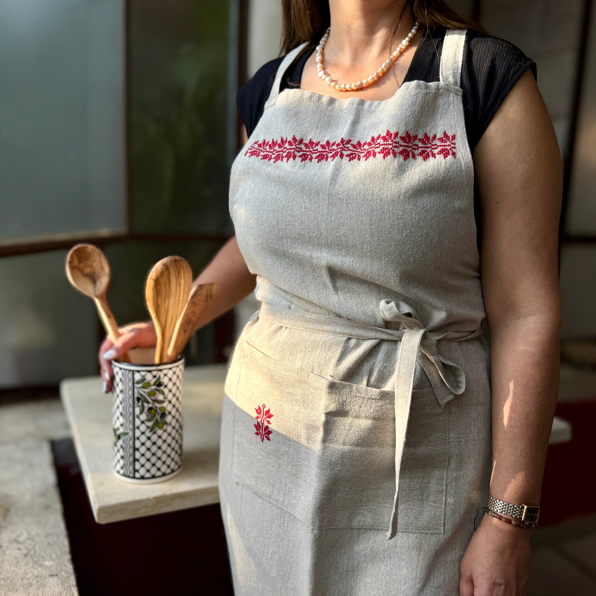 Linen Apron with Palestinian Tatreez Motif, Hand Stitched in Palestine