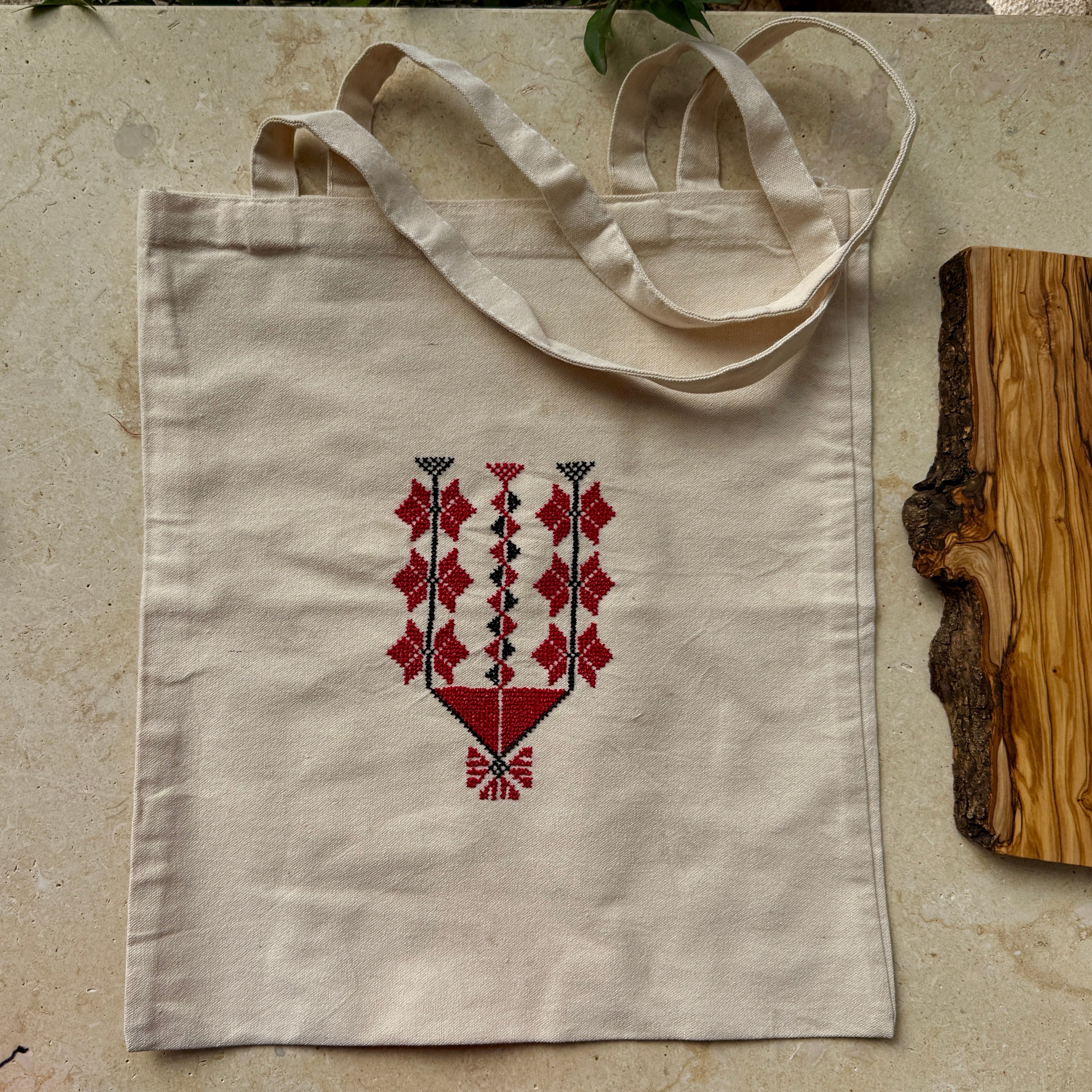 Palestinian Tatreez on Beige Tote Hand Stitched by Women Artisans in Palestine