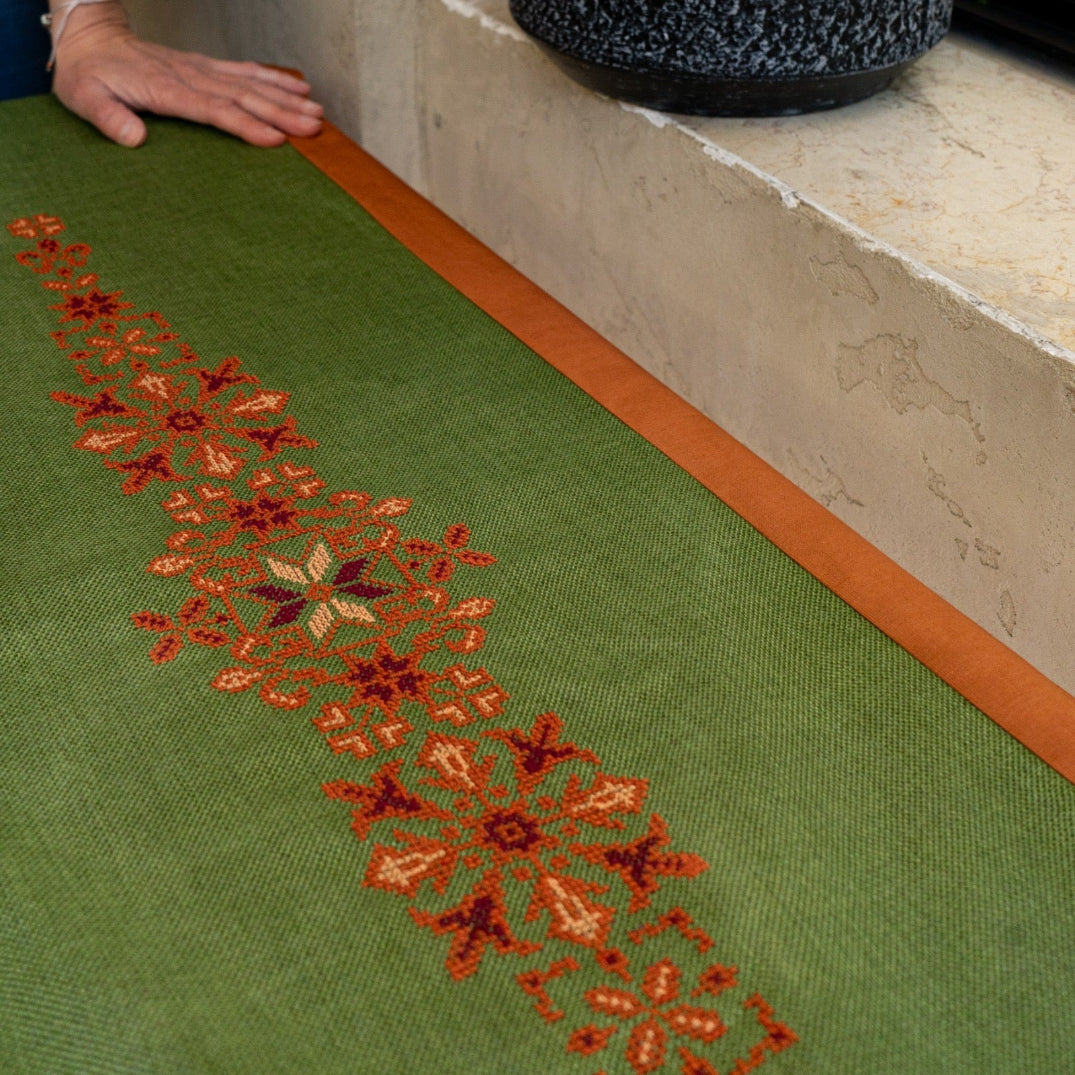 Olive Green and Orange Table Runner with Palestinian Tatreez