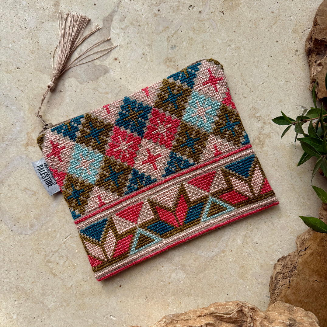 Murjan (Coral) Colors on Palestinian Embroidered Pouch | Handcrafted Tatreez Bag from Palestine - Handmade Palestine | Fairly Traded & Handcrafted Gifts