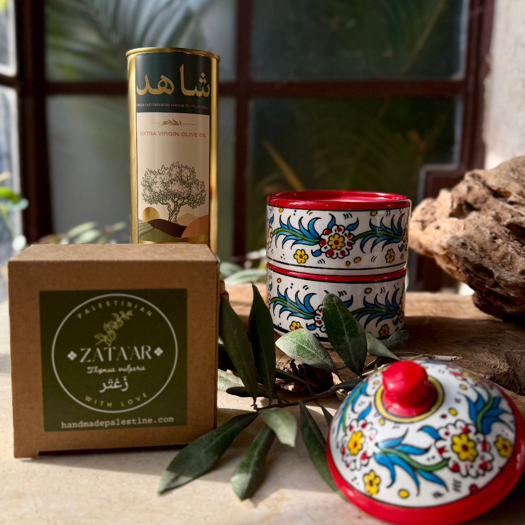 Gift Bundle: Ceramic Stackable Olive Leaf Zeit o Zataar Set from Hebron