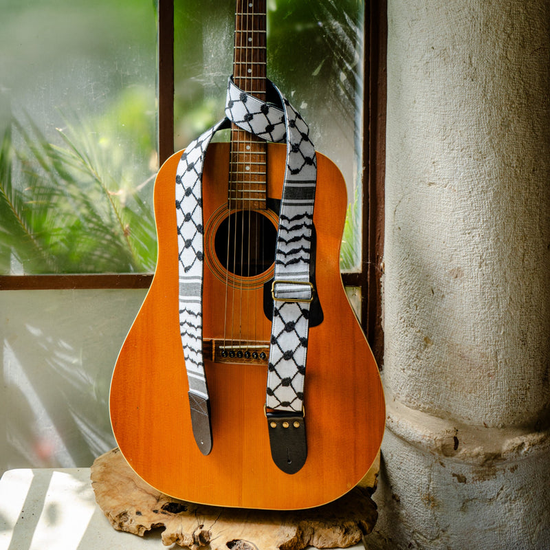 Keffiyeh Guitar Strap on Leather | Traditionally Handcrafted from Palestinian Women