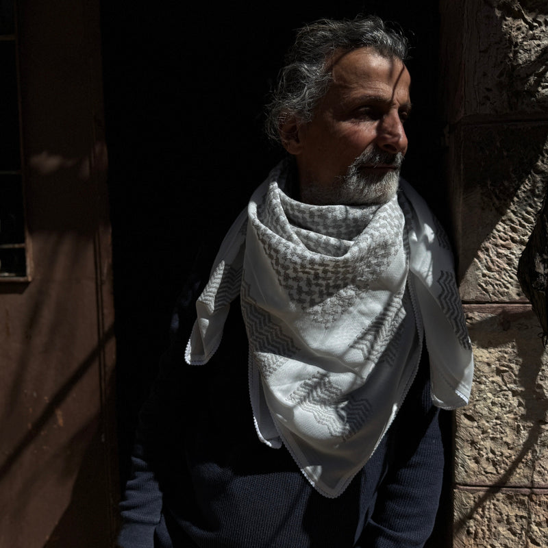 Grey on White Palestinian Made Keffiyeh: Original Palestinian Hatta
