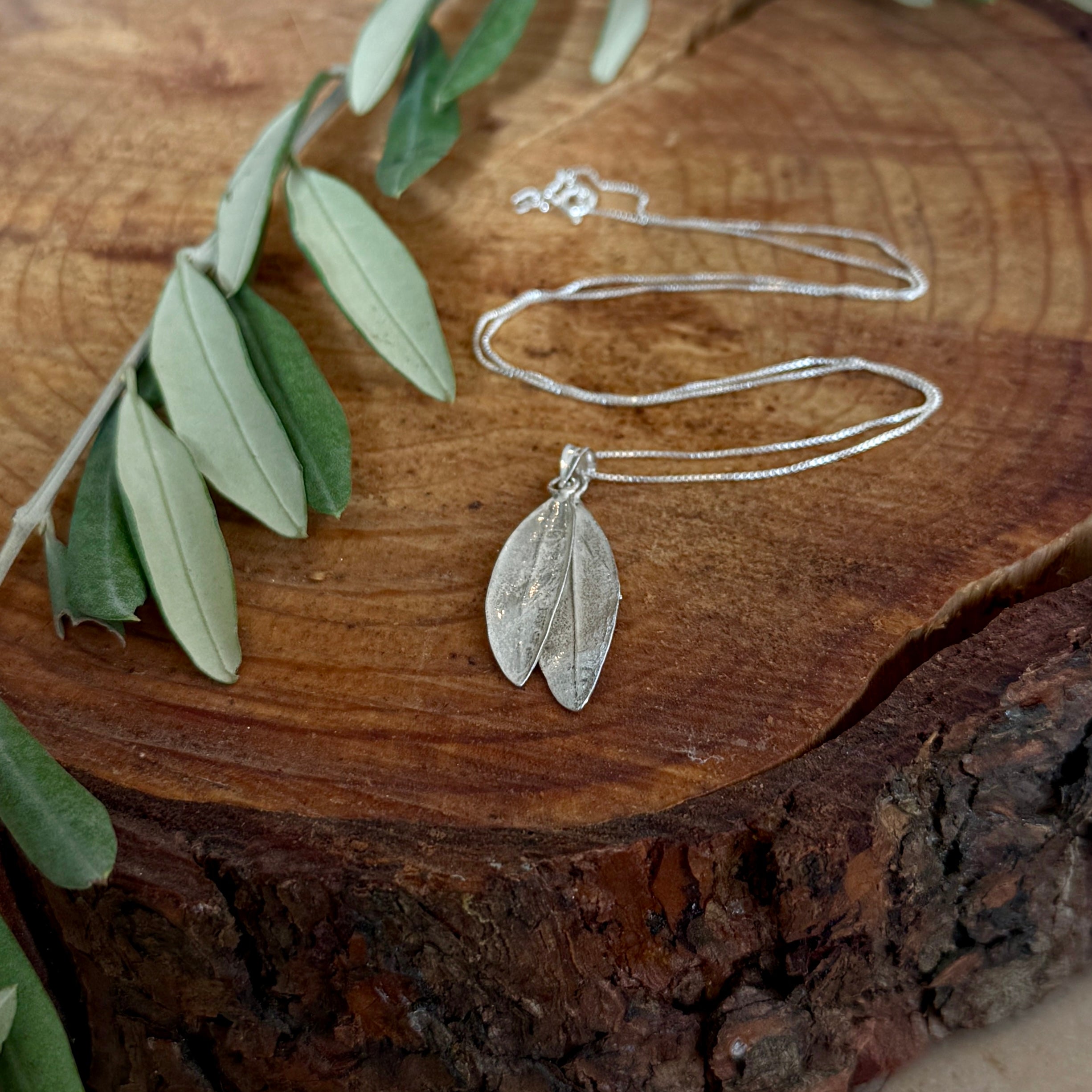 Sterling Silver Olive Leaf Necklace - Double Leaves on Chain