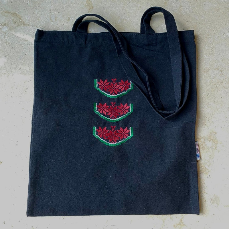 Watermelon Tatreez on Black Tote Hand Stitched by Women Artisans in Palestine
