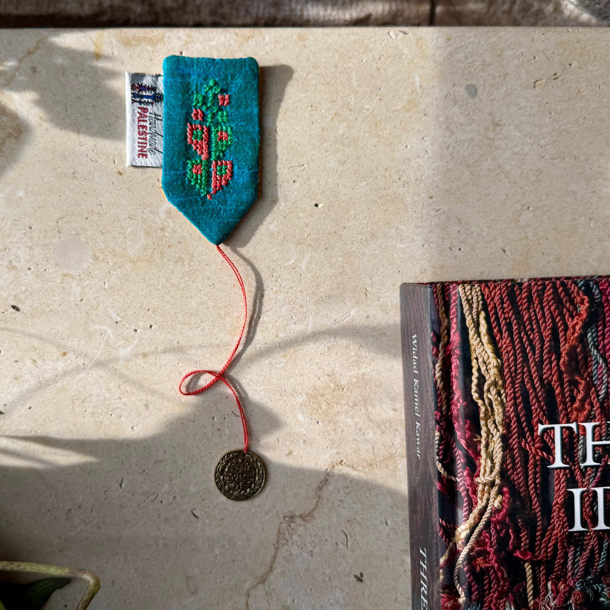 Gaza Tatreez Stitch on Bronze Bookmark with Dangling Coin