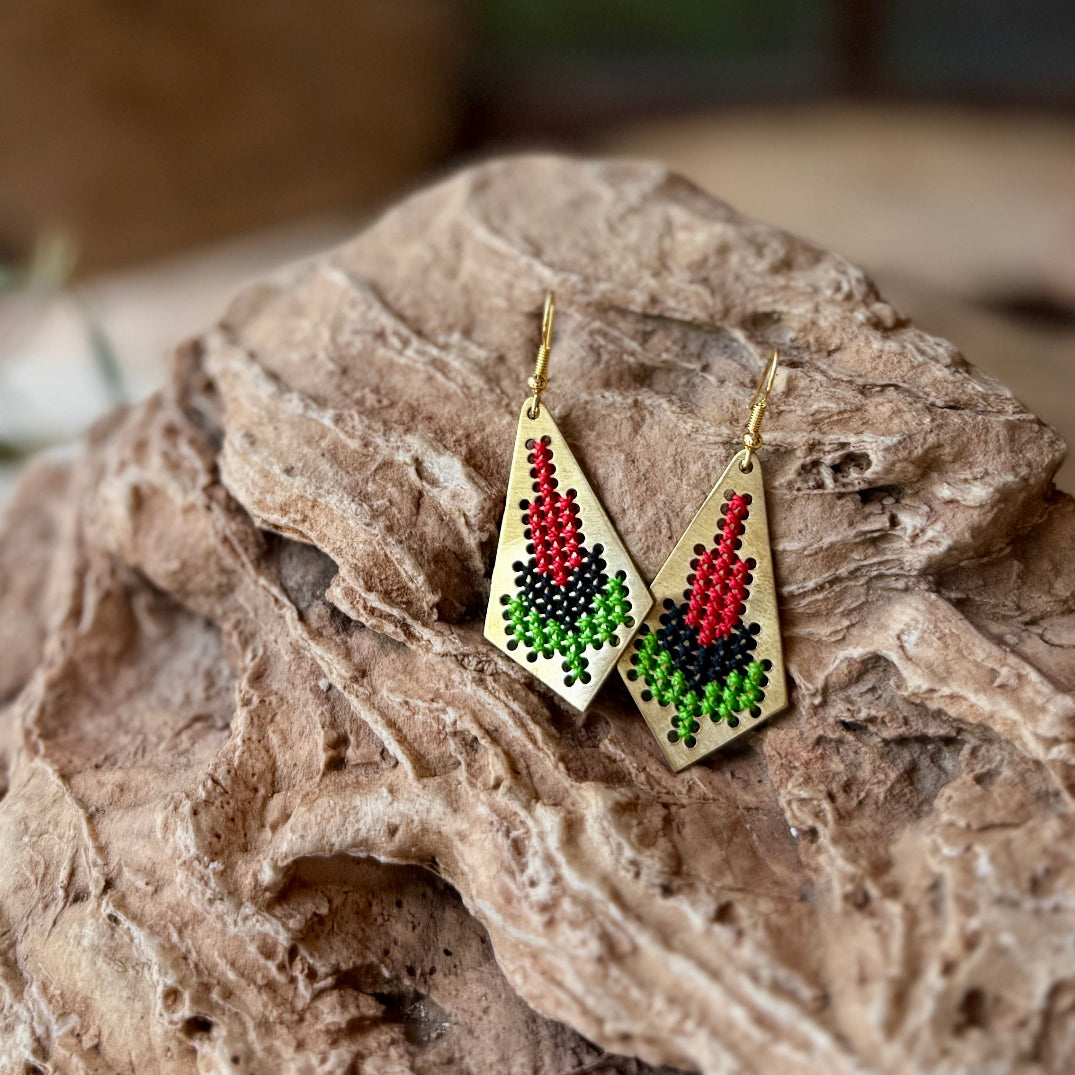 Jamilla Palestinian Tatreez on Brass Earrings | From Palestinian Women Artisans