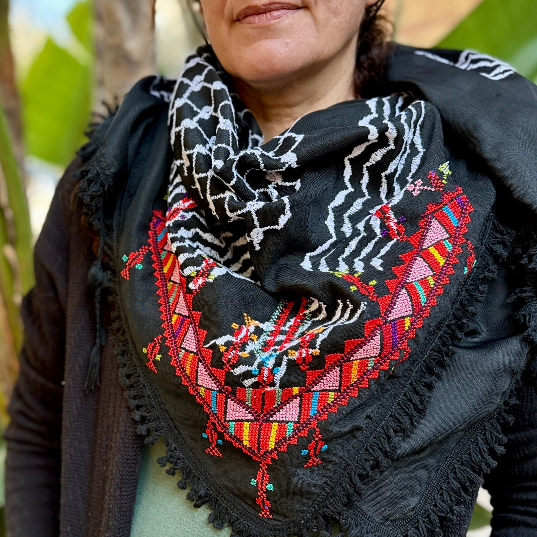 Arafat Keffiyeh with Palestinian Tatreez from Palestine