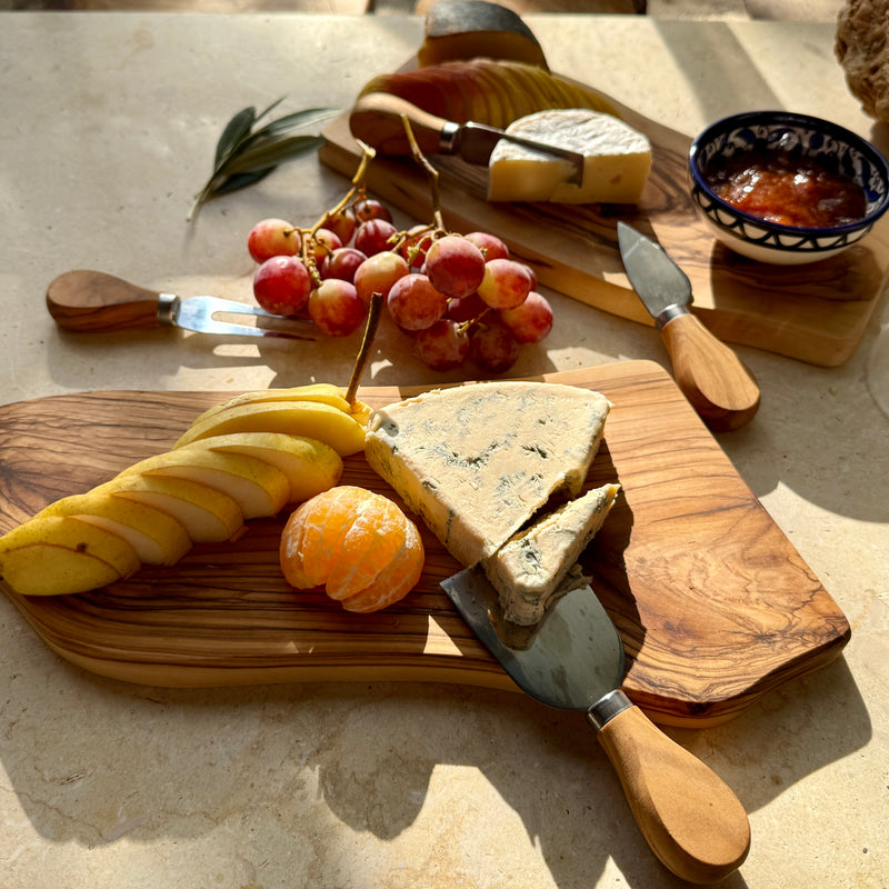 Gift Bundle: Unique Olive Wood Cheese Board with Hand Carved Olive Wood Cheese Knives Set