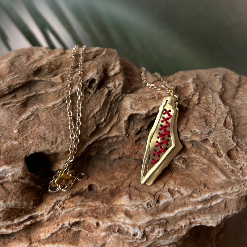 Tatreez Hand Stitched in Brass Map of Palestine Necklace | Handmade Jewelry from Palestine