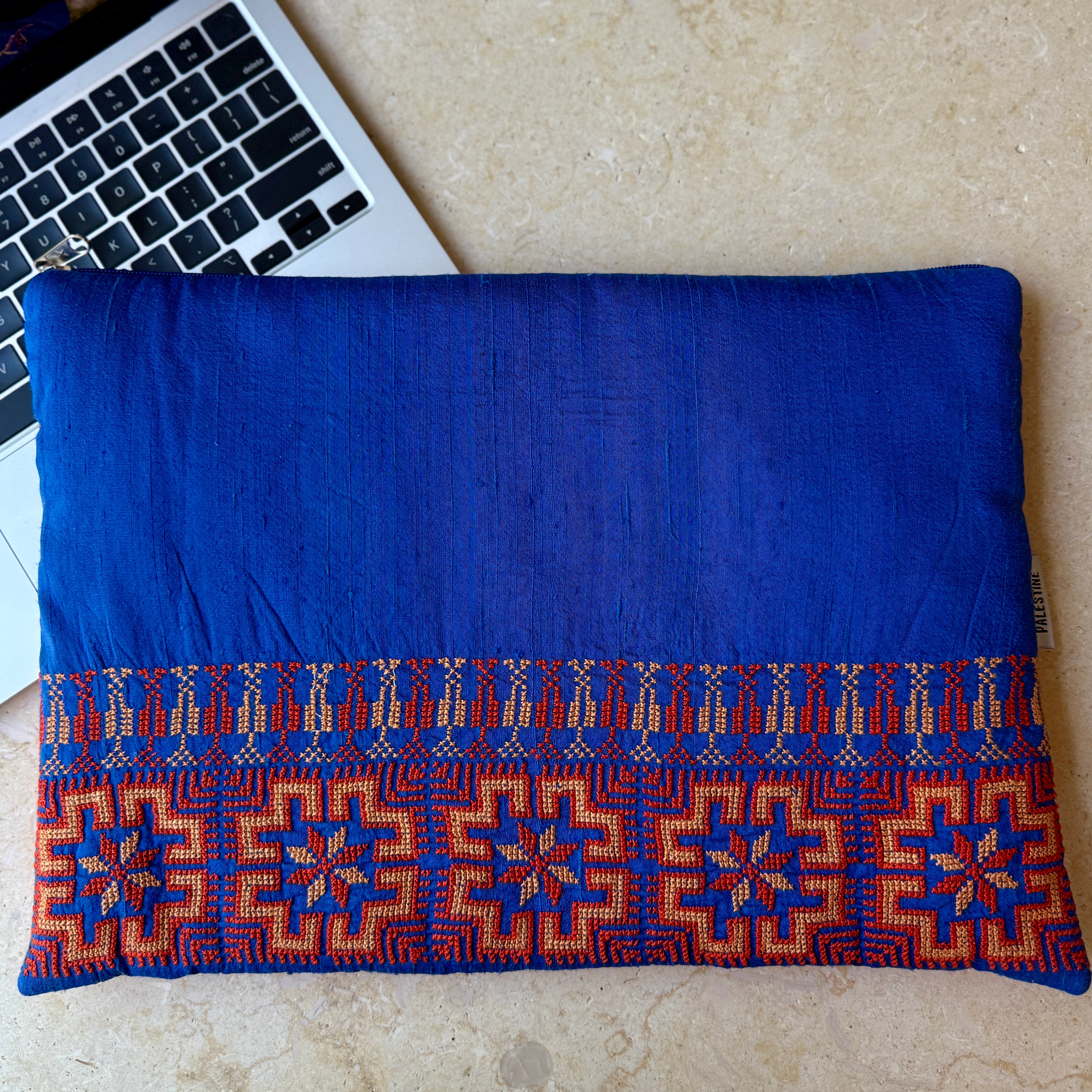 Traditional Tatreez Orange and Blue Laptop Sleeve | Hand Crafted Computer Case from Palestine