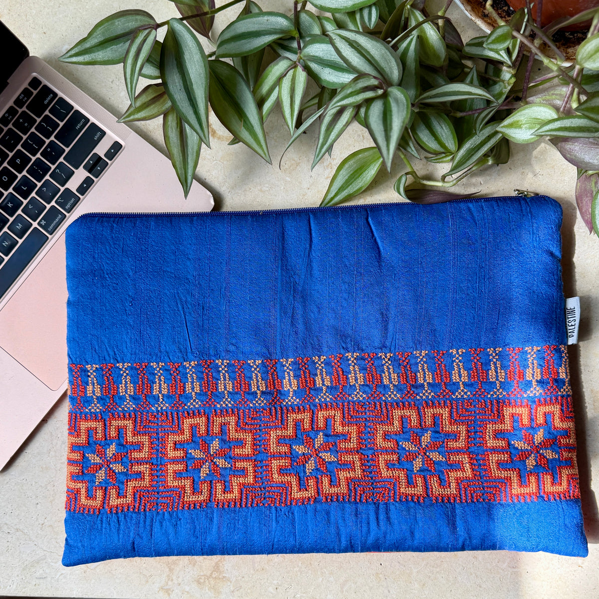 Traditional Tatreez Orange and Blue Laptop Sleeve | Hand Crafted Computer Case from Palestine