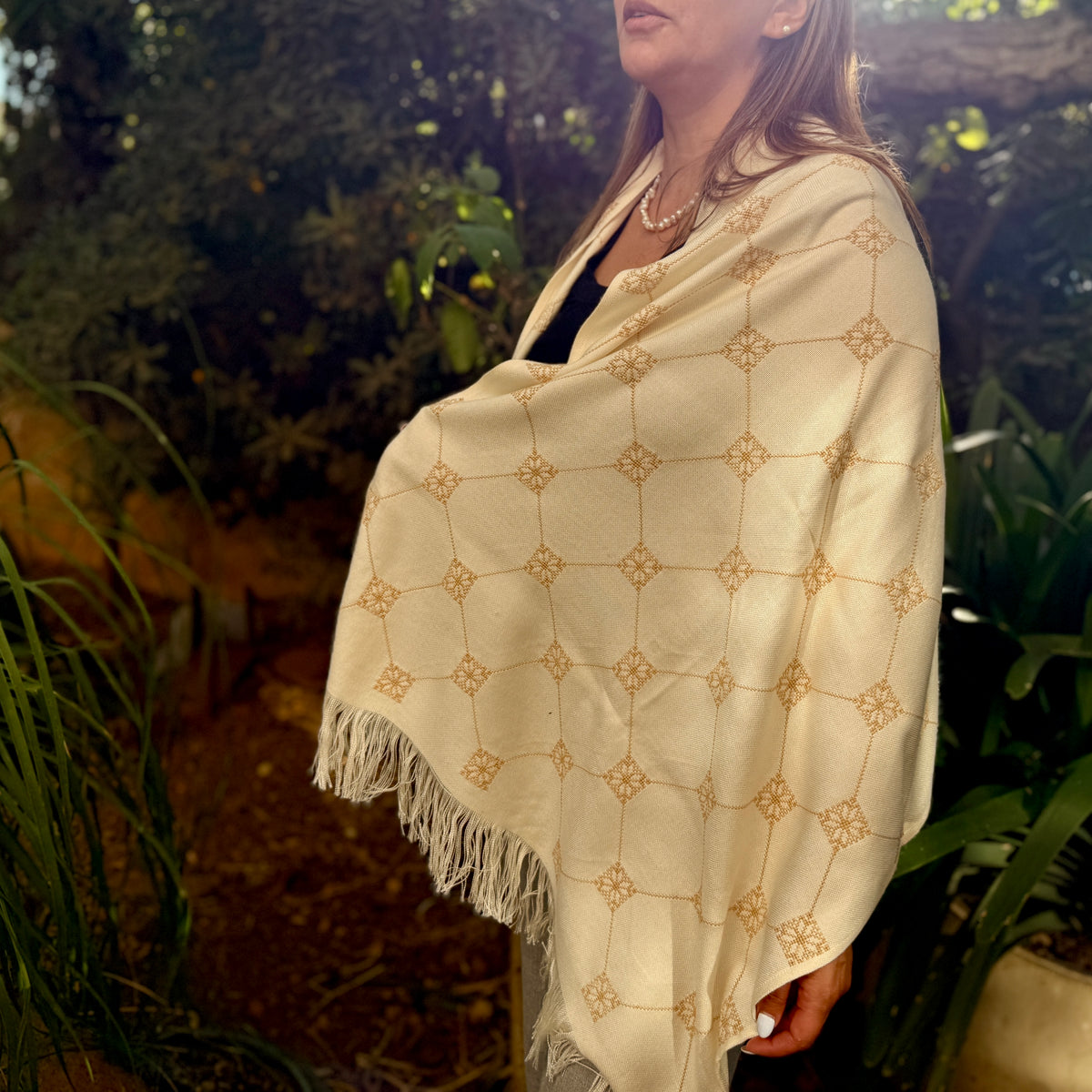Elegant Gold on Ivory Shawl with Palestinian Hand Embroidery | Unique Palestinian Tatreez