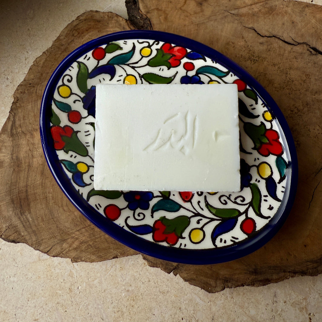 Hand Painted Hebron Ceramic Soap Dish with Nabulsi Olive Oil Soap from Palestine