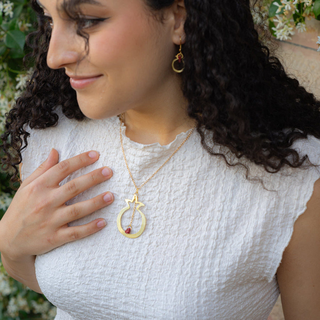 Brass Pomegranate Necklace with Earrings Set | Handmade Jewelry from Palestine