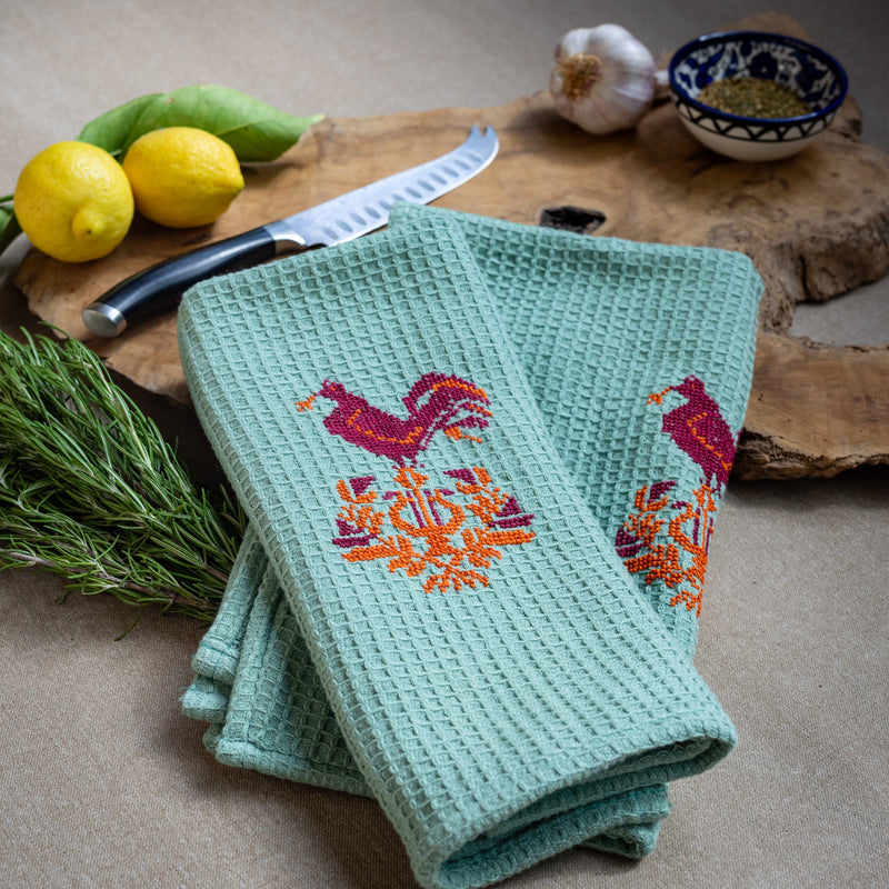 Set of 2 Tea Towels with Palestinian Tatreez - Rooster Embroidery
