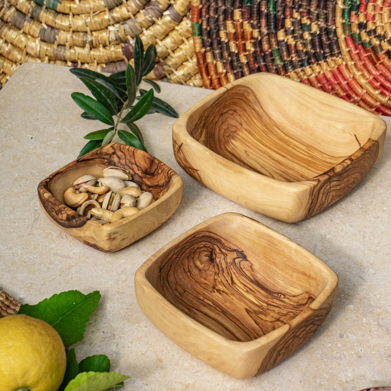 Olive Wood Square Bowls Set of 3 from Palestine | Hand Carved Dishes