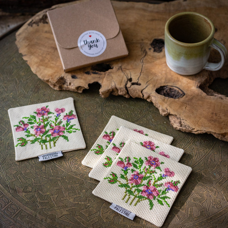 Coasters with Palestinian Tatreez| Hand Stitched Embroidery | Wildflowers of Palestine