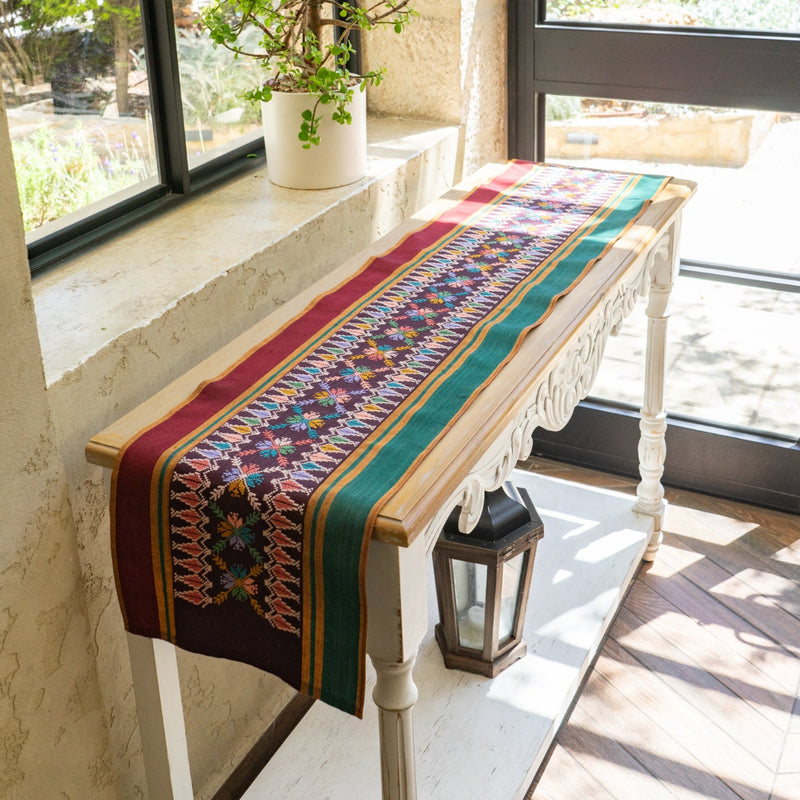 Palestinian Table Runner on Traditional Majdalawi Fabric with Palestinian Hand Embroidery