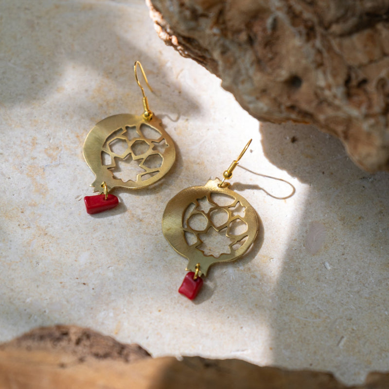 Handcrafted Brass Earrings from Palestinian Women Artisans | Arabesque Pomegranate Dangling Earrings
