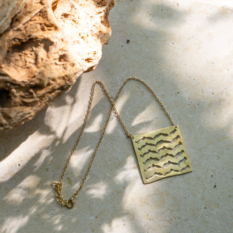 Handcrafted Brass Necklace in Tile Design with Keffiyeh Waves from Palestine