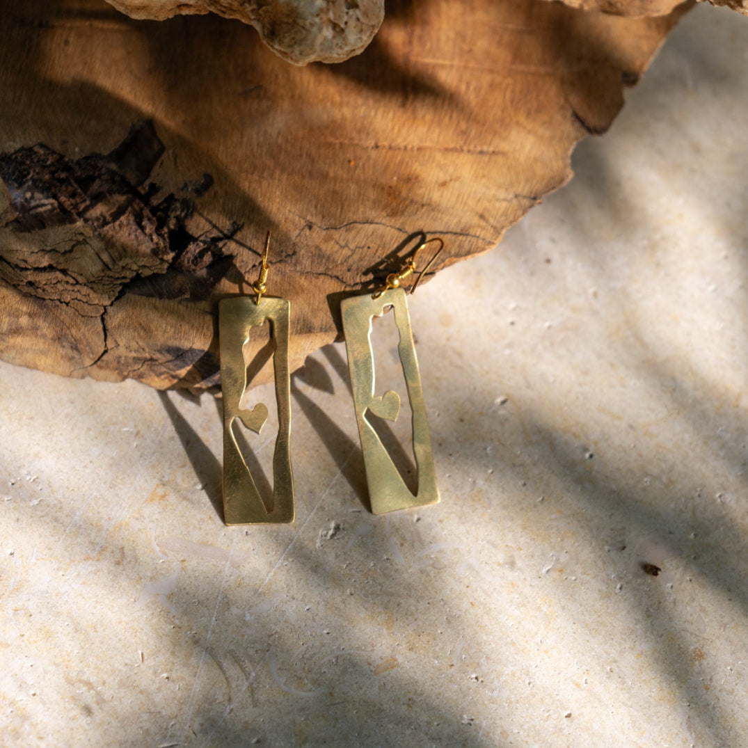 I Heart Palestine Map Shaped Brass Earrings | Handmade Jewelry from Palestine