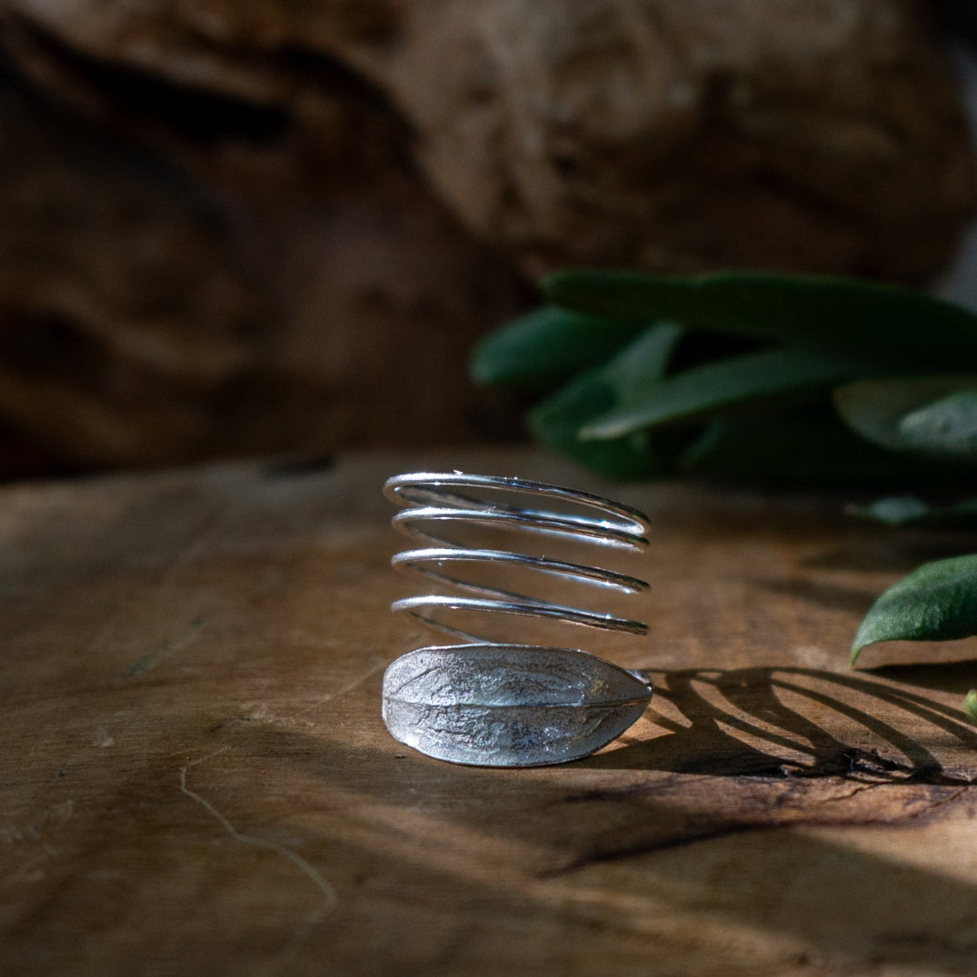 Olive Leaf Sterling Silver Ring - Funky Design on a Skinny Spiral