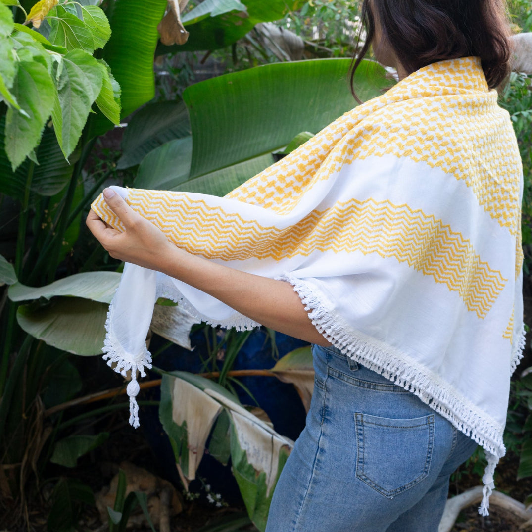 Traditional Palestinian Keffiyeh from Palestinian Factory in Yellow on White