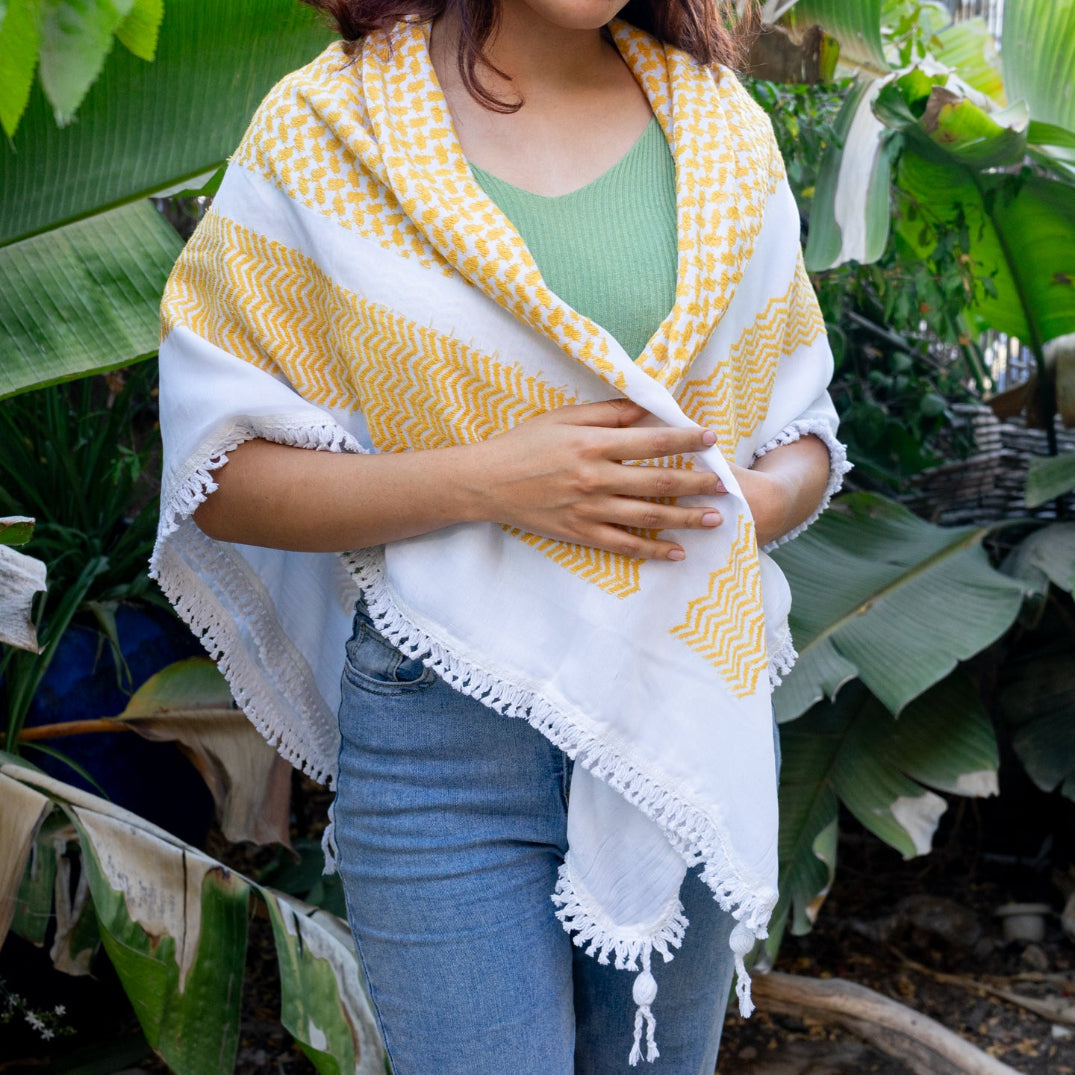 Traditional Palestinian Keffiyeh from Palestinian Factory in Yellow on White