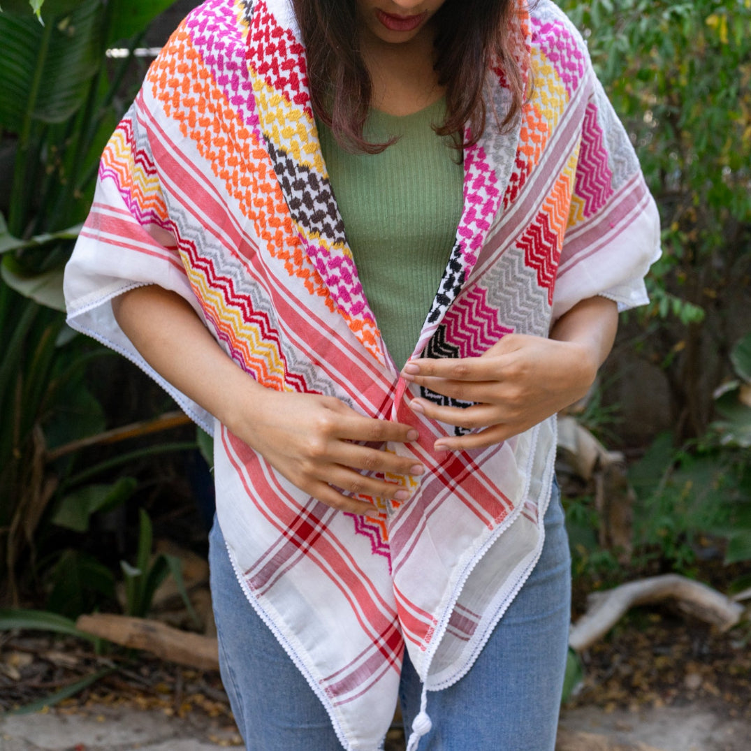 Traditional Palestinian Keffiyeh from Palestinian Factory in Multi Color on Light Fabric