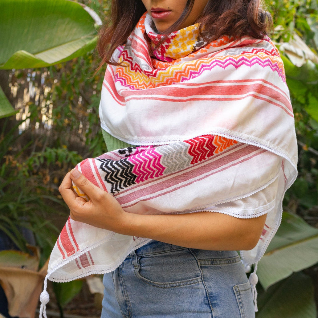 Traditional Palestinian Keffiyeh from Palestinian Factory in Multi Color on Light Fabric