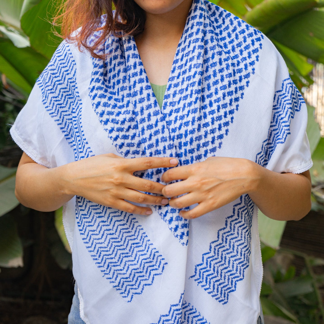Traditional Keffiyeh from Palestinian Factory | Blue on White