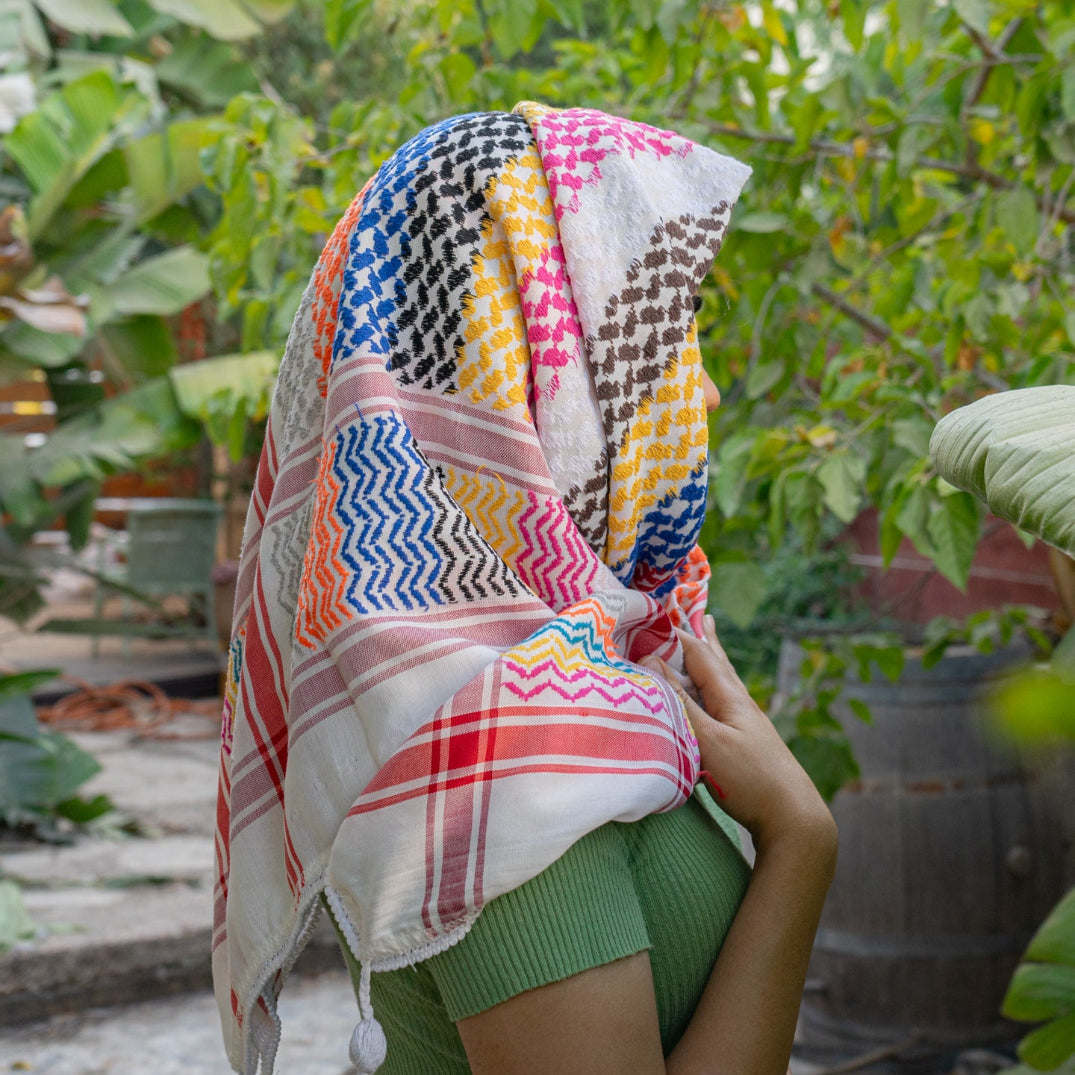 Traditional Palestinian Keffiyeh from Palestinian Factory in Multi Color on Light Fabric