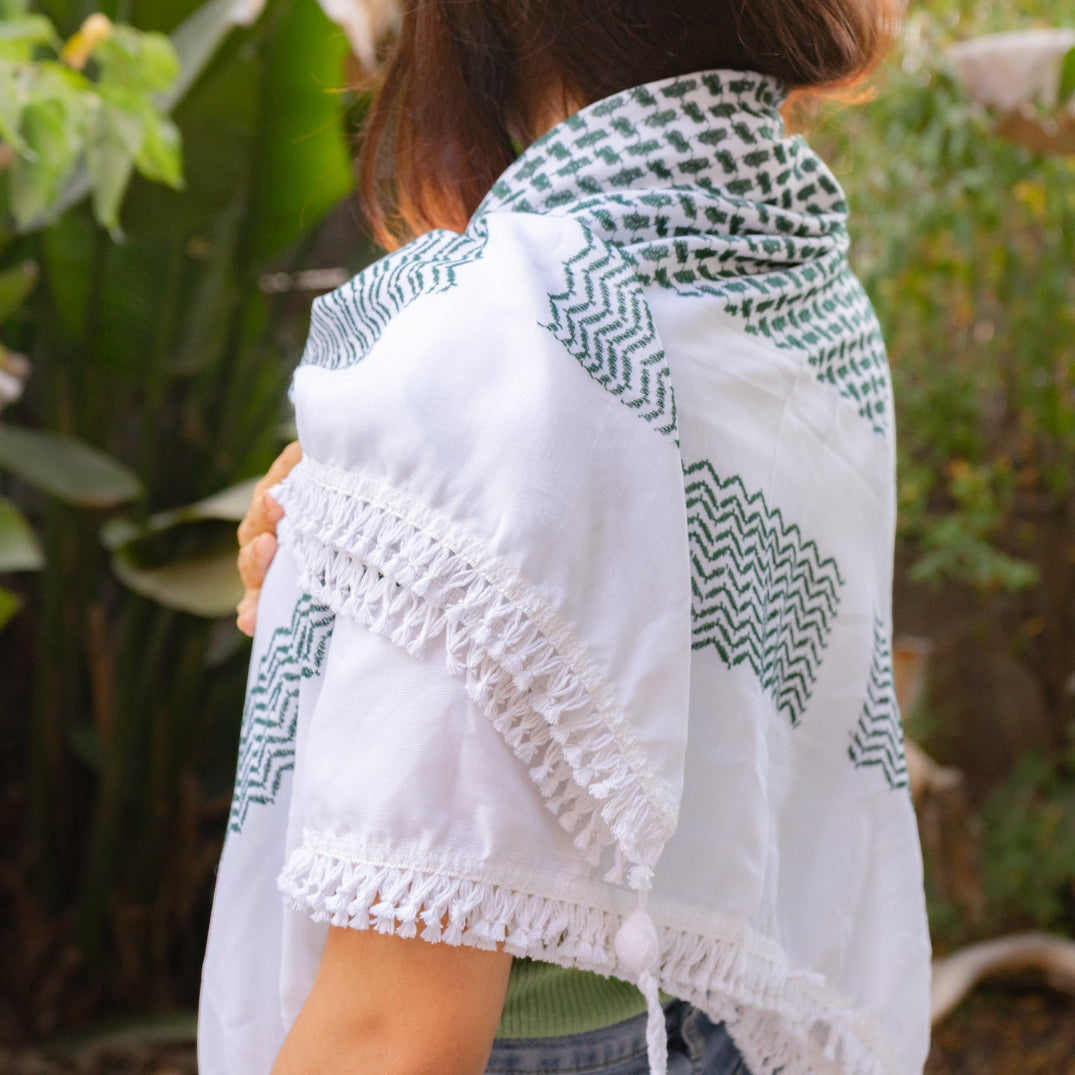 Traditional Arafat Keffiyeh from Palestinian Factory Green on White